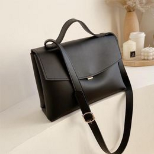 Minimalist Black Faux Leather Office Shoulder Bag / Handbag