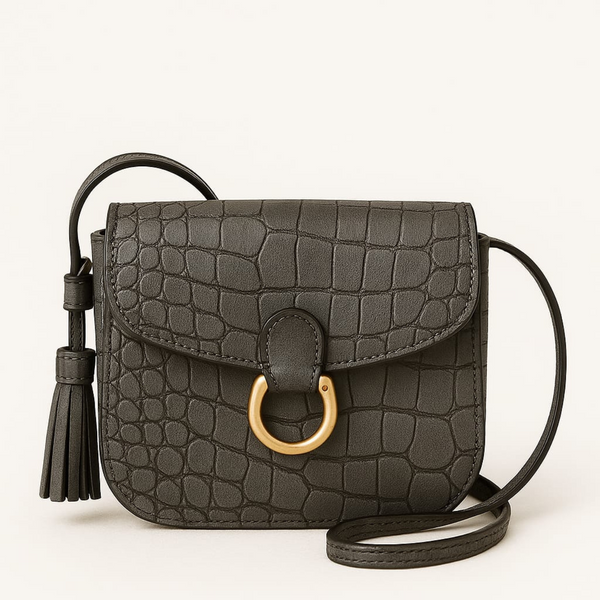 Mini Crocodile-Textured Sling Bag with Tassel – Black Crossbody Purse